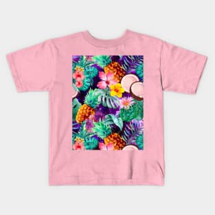 tropical pineapple exotic botanical illustration with floral tropical fruits, dark purple fruit pattern over a Kids T-Shirt